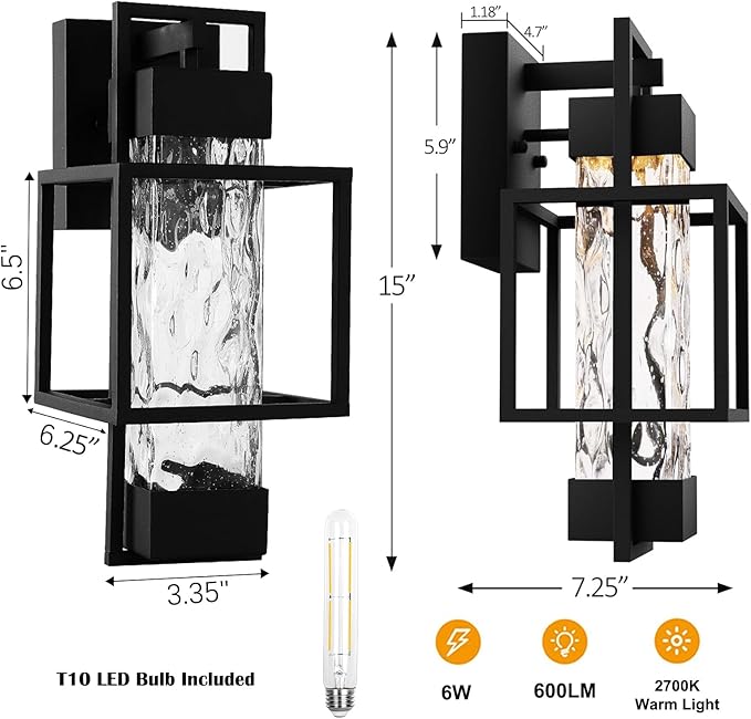 PARTPHONER Modern Outdoor Light Fixtures Outdoor Lighting 2 Pack 15 Exterior Wall Sconce Waterproof Porch Light Outside Light for House with Water Glass for Garage Doorway Black