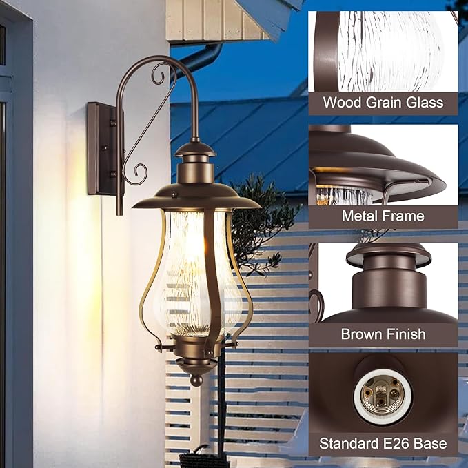 Treekee Outdoor Wall Light Fixture Vintage Wall Exterior Lantern with E26 Socket &amp Wood Grain Glass Matte Brown Rustic Wall Sconce Farmhouse Porch Lamp for Patio Garage Yard Front Door
