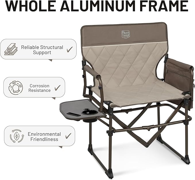 Timber Ridge Aluminum Camping Directors Chair with Side Table Pocket Portable Folding Chair Heavy Duty Lawn Chair for Fishing Trip Picnic Concert Outdoor 400lbs Tan