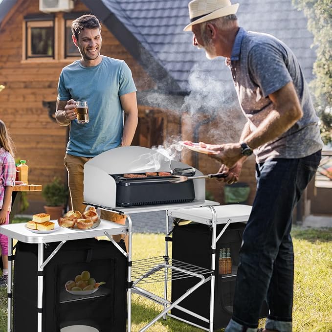 GYMAX Folding Camping Table Portable Kitchen Table with 2 Zipper Organizer Shelf &amp Wind Screen Foldable Cooking Table for Camping Hiking Picnic BBQ (Black)