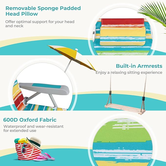 Giantex Backpack Beach Chair Foldable Camping Chair with 5 Adjustable Position Cup Holder Storage Pockets Straps Towel Rack Pillow Lay Flat Lawn Chair for Patio Outdoor Color Stripe