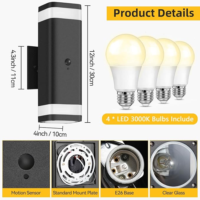 SHIMR Motion Sensor Outdoor Wall Lights 2 Pack Modern Dusk to Dawn Up Down Sconce with 3 Modes WaterprExterior Lighting Fixtures for Porch Garage Patio 3000K LED Bulb Included Black Finish
