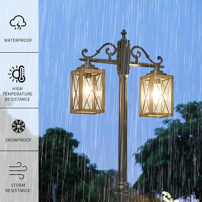 Dusk to Dawn Outdoor Lamp Post Lights with GFCI OutletDouble-Head Farmhouse Street Light FixtureAluminum Black Pole Exterior Lights Waterproof Lantern Outdoor Lighting