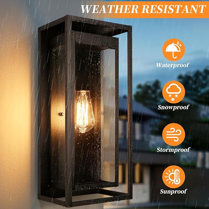 19 Outdoor Wall Lights 2 Pack Large Size Matte Black Outdoor Sconce Lights with Clear Glass Shade Waterproof Porch Lighting Exterior Light Fixture for Front Door Garage