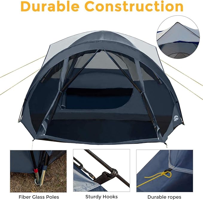 Pacific Pass 6 Person Dome Tent w/ Removable Rain Fly and Screen Room Water Resistant - Navy/Gray