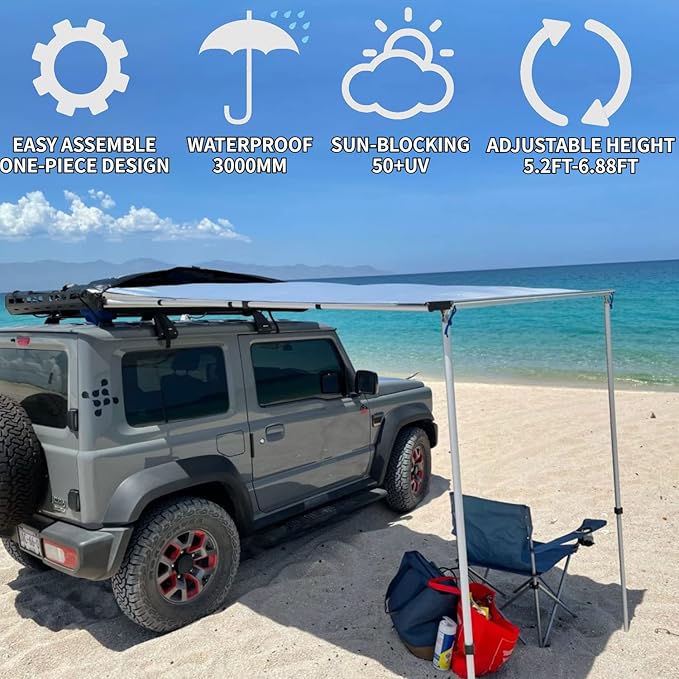 DANCHEL OUTDOOR Car Awning 6.5x8.2ft Roof Rack Pull-Out Sun Shelter Canopy Waterproof 4x4 Vehicle Side Overland Awning Camping Gray