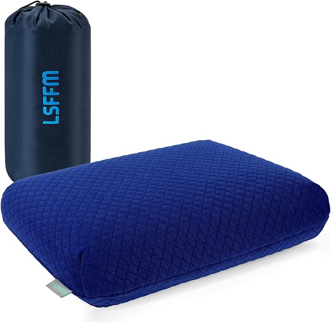 Camping Pillow Memory Foam Easy to Fold Camping Essentials Small Travel Pillows with Portable Bag Hiking Pillow for Backpacking Anti-Pilling Pillow Cover (Blue)