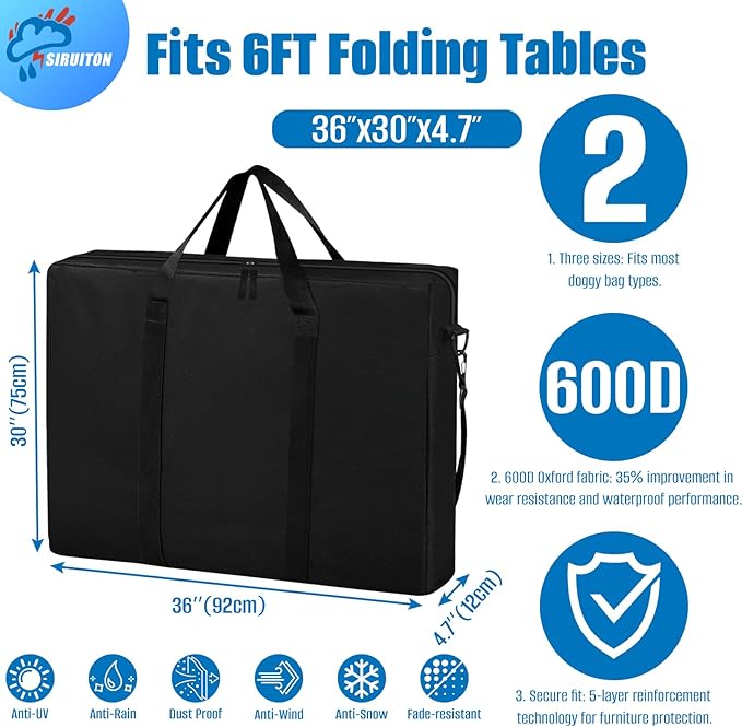 SIRUITON Folding Table Storage Bag Portable 600D WaterProof Carry Bag for Folding Picnic/Camp Tables with Reinforcing Plate &amp Shoulder Strap 36 D x 30 W x4.7 H Fits 6FT Folding Tables（Bag Only