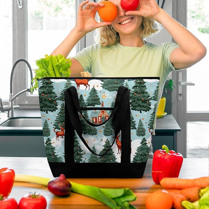 Insulated Shopping BagLarge Reusable Cooler Bags Christmas Holiday Printed Foldable Shopping BagTravel Waterproof Shoulder Bag