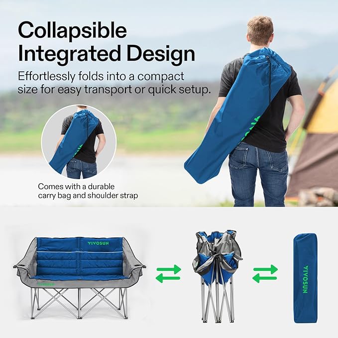 VIVOSUN Double Camping Chair Fully Padded Folding Loveseat Oversized Duo Chair with Cup &amp Wine Glass Holders Pocket Armrests &amp Carry Bag