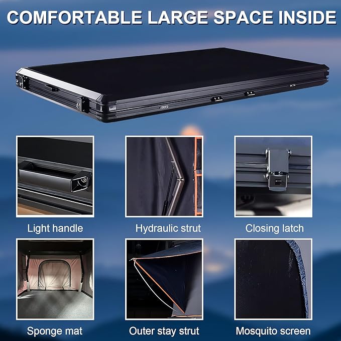 Rooftop Tent Hard Shell Overland Rooftop Tent for Van Jeep SUV Truck Car TentAluminum Alloy roof Tent Waterproof 2-3 Peoplepop up tents for camping Large Black ASANEST-002