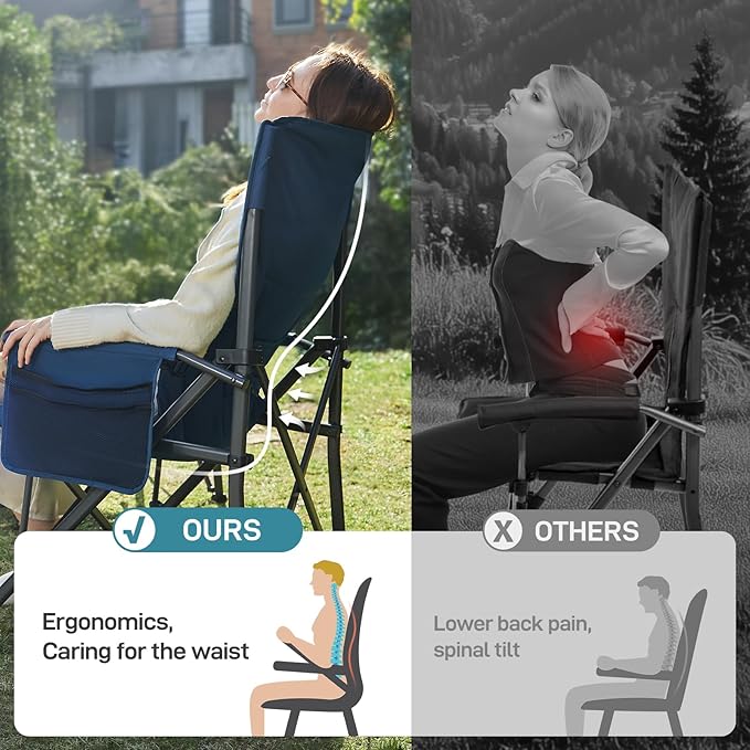 EVER ADVANCED Oversized Folding Camping Chair for Adults with Adjustable Lumbar Support Heavy Duty Chair with Side Pockets Portable Collapsible Quad Chair for Outside