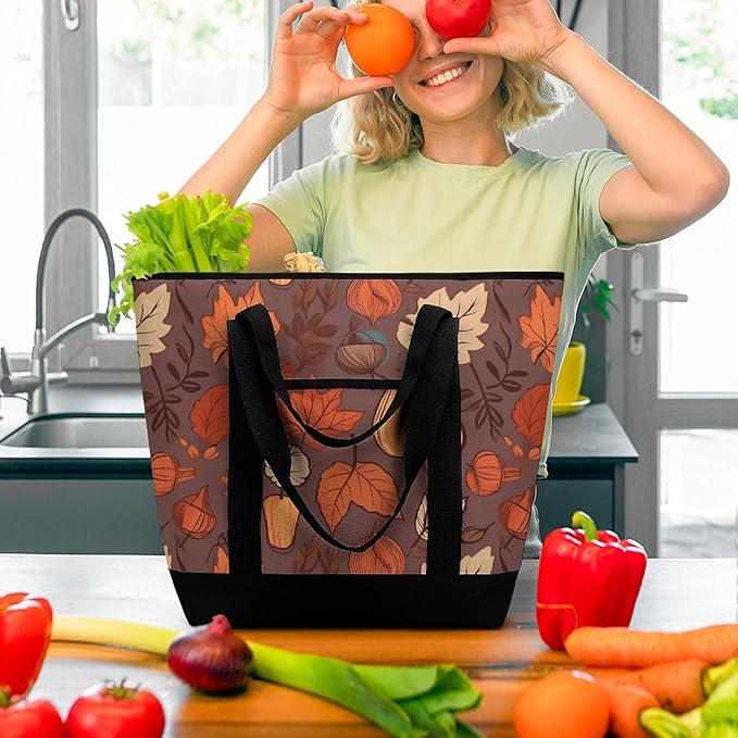 Insulated Shopping BagLarge Reusable Cooler Bags Fall Printed Foldable Shopping BagTravel Waterproof Shoulder Bag