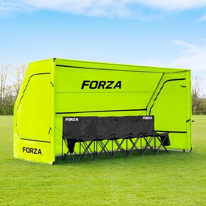 FORZA Portable Team Shelter | Durable Steel Frame Shelter for Sports Teams – Optional Benches &amp Multiple Colors (Yellow Shelter + 6 Seater Bench Pro)
