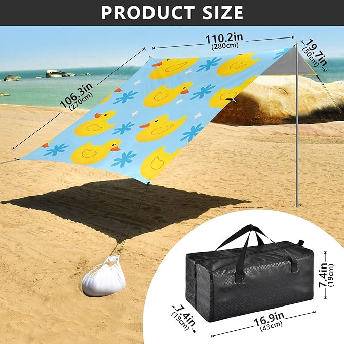 ALAZA Little Duck Beach Tent Sun Shelter UPF50+ Protection Beach Shade Canopy w/ 4 Sandbags for Outdoor Camping Fishing Backyard Fun Picnic 10x9 ft