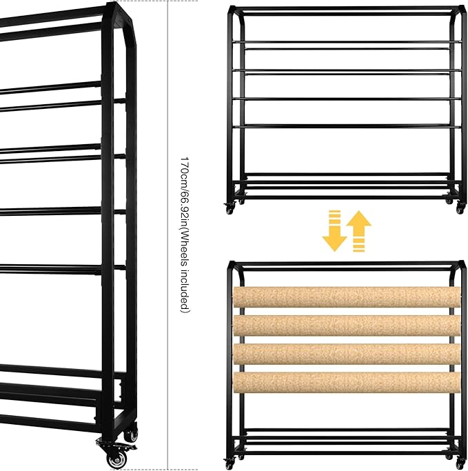 Fabric Roll Storage Rack with Wheel Adjustable Hanging Rod Bracket Display Shelf