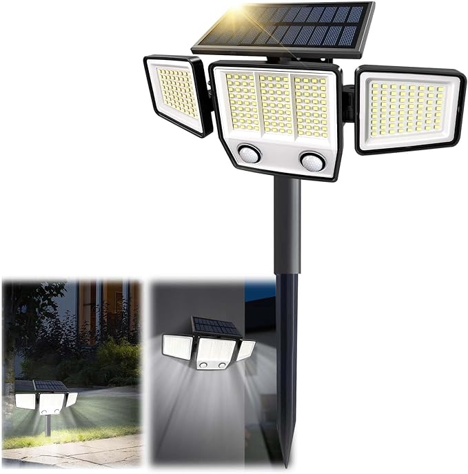 Solar Motion Sensor Outdoor Lights Waterproof - 3000LM 3 Modes Security Lights Outdoor 270° Illumination IP65 LED Solar Flood Wall Light for Garden Yard Patio Pathway (with Stakes 1)
