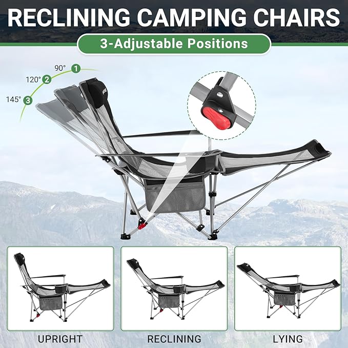 #WEJOY 2-in-1 Reclining Camping Chair Lightweight Folding Camping Chair with Adjustable Backrest &amp Footrest Camping Lounge Chair with Headrest Cup Holder Storage Bag for Beach Lawn Concert