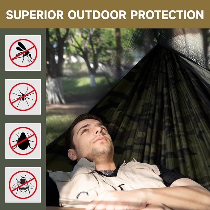Camping Hammock with Mosquito Net and Ridge Rope Extra Large for 2 Person Lightweight Hanging Hammocks Tree Straps All-in-one Fast Open Hammock for Outside Hiking and Travel