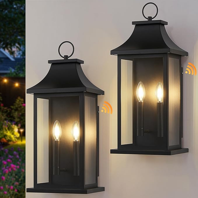 Large Outdoor Wall Lights Dusk to Dawn Sensor Outside Lights Exterior Lighting Fixtures Wall Mount Wall Sconce Light Outdoor Lanterns for Porch Black 22 2-Light 2-Pack