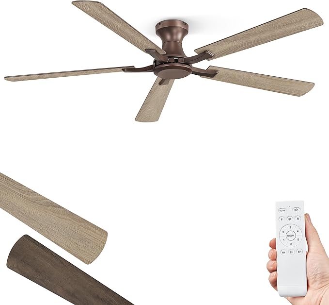 ZMISHIBO 60 Inch Ceiling Fan No Light Flush Mount Low Profile Farmhouse Brown Ceiling Fan Without Light Remote Control &amp Quiet DC Motor for Indoor&ampOutdoor Bedroom Living Room