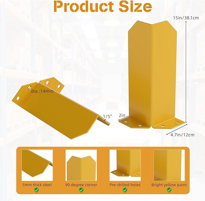Nisorpa Pallet Rack Post Protectors 15 Pallet Racking Guards with Hardware L Shape Safety Yellow Pallet Edge Protectors Set of 2