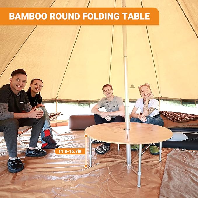 KingCamp Bamboo Round Folding Table Camping Table for Teepee Bell Tent 3 Fold Portable Camp Table with Heavy Duty Adjustable Height Aluminum Leg for Camping Picnic Indoor &amp Outdoor Card Game Dinni