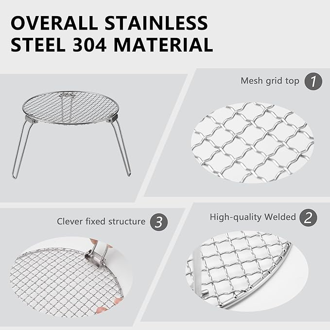 RROMATELX Small Folding Camping Grill304 Stainless Stee Portable Camping StoveCampfire GrateHeavy Duty Rack Camping with Carrying Bag for Outdoor Cooking Backpacking Hiking Picnic BBQ