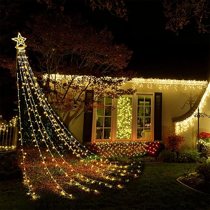 Aokudoni Christmas Lights Outdoor 12.6 ft 8-Lighting Modes Waterfall Xmas Lights Outdoor Christmas Decorations for Yard Tree House Holiday Party Warm White
