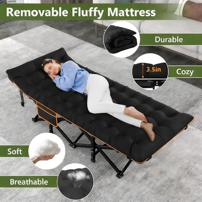 Comfortable and Soft Folding Bed Portable Camping cot with Side Pockets and Mattress Extra-Thick Oversized Folding Bed Weight Capacity of 500/600/700 lbs (Black 600lbs)