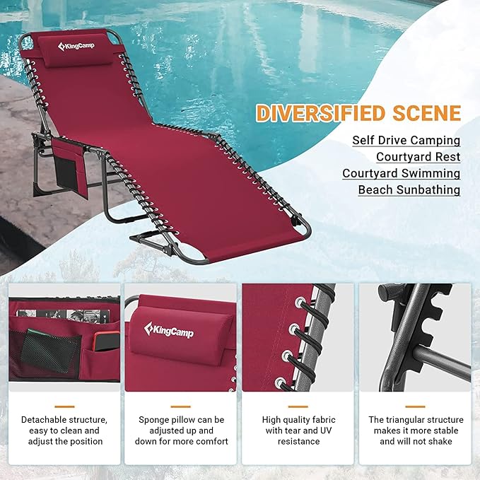 KingCamp Chaise Lounge Outdoor 5-Position Adjustable Patio Lounge ChairFolding Tanning Chair for LawnBeachPool and SunbathingPortable Heavy-Duty Camping Reclining Chair with Pillow (2 Wine)