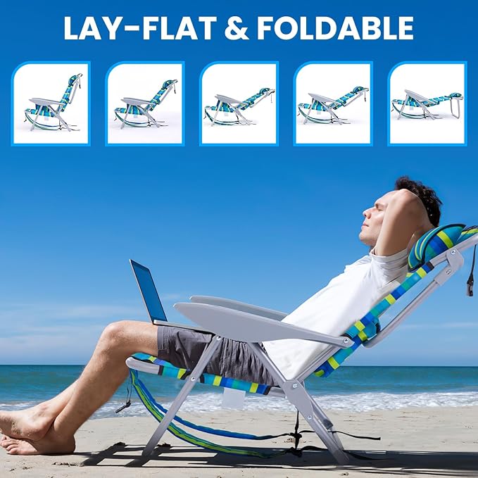 Portable Beach Chair for Adults Outdoor Camping Chair Lay Flat Folding Backpack Beach Reclining Chair with 5 Positions Headrest Cup Holder Heavy Ocean Striped