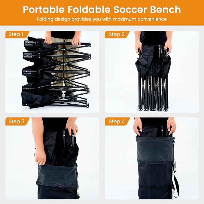 LILYPELLE Portable Bench 4 Seat Soccer Benches for Team Folding Soccer Bench Chair Sideline Benches Camping Chairs for Football Camp Sport Events Outdoor Seating with Carry Bag 2Pack