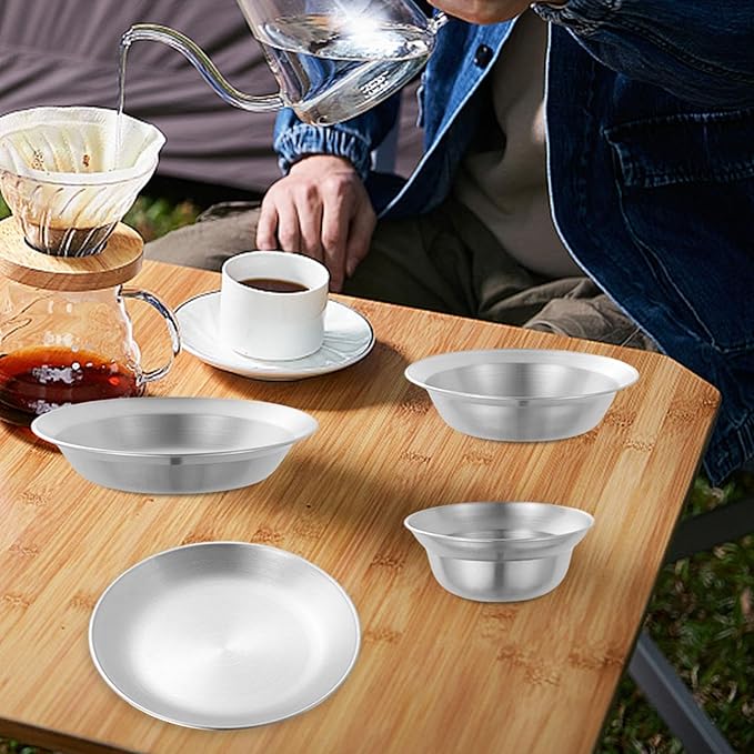 pistro Stainless Steel Plates and Bowls Outdoor Tableware Insulated Metal Bowls Camping Utensils Dinnerware Set for Picnic BBQ Beach- 4pcs Silver