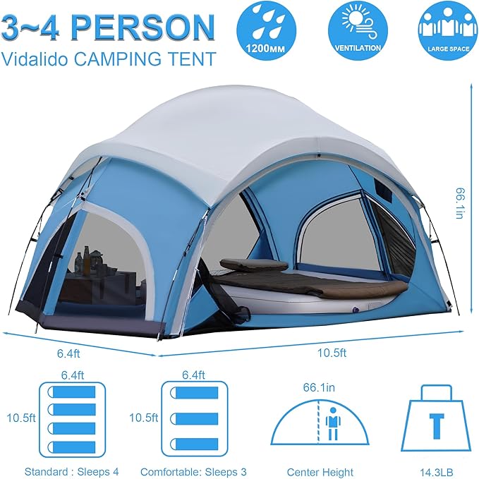 Vidalido 3-4 Person Camping Tent with 2 Large Mesh Door 4 Mesh Window Family Tents Double Layer Waterproof Portable Easy Setup Camp Tent Canvas Dome Tents for Camping Outdoor Hiking and Backpacking