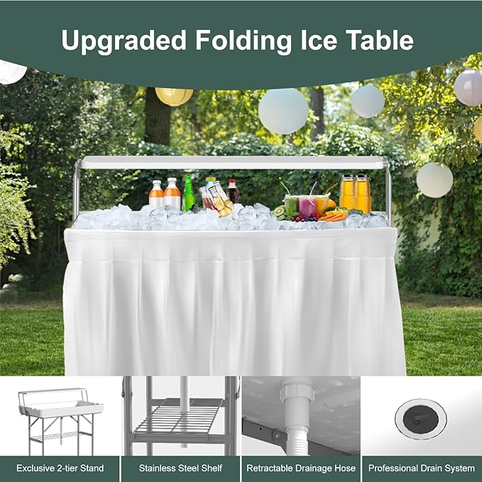 Ice Cooler Table with Drain Two-Tier Plastic Folding Tables with Removable Matching Skirt and Shelf Indoor Outdoor Use for Party Camping Picnic Fishing Cleaning 440 lbs Capacity