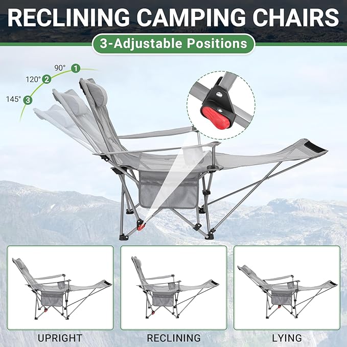 #WEJOY 2-in-1 Reclining Camping Chair Lightweight Folding Camping Chair with Adjustable Backrest &amp Footrest Camping Lounge Chair with Headrest Cup Holder Storage Bag for Beach Lawn Concert