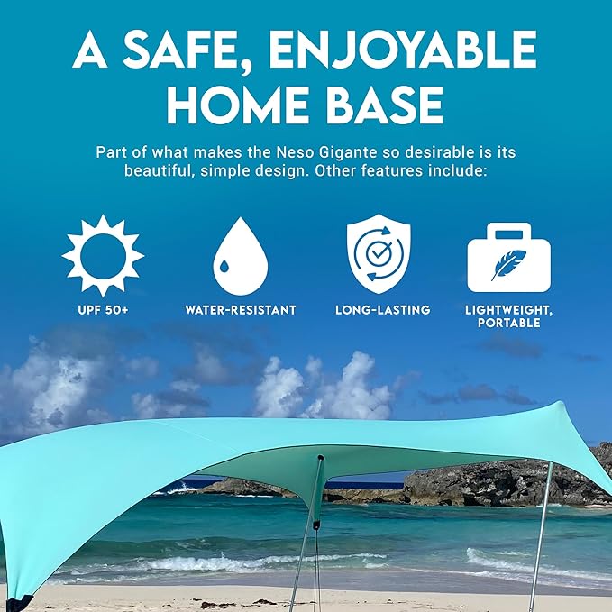 Neso Gigante Portable Beach Tent Sun Shelter - Lightweight Beach Shade Canopy - Easy Setup for Family Outings - Patented Reinforced Corners - UPF 50+ Sun Protection - 8ft Tall 11 x 11ft - Seafoam