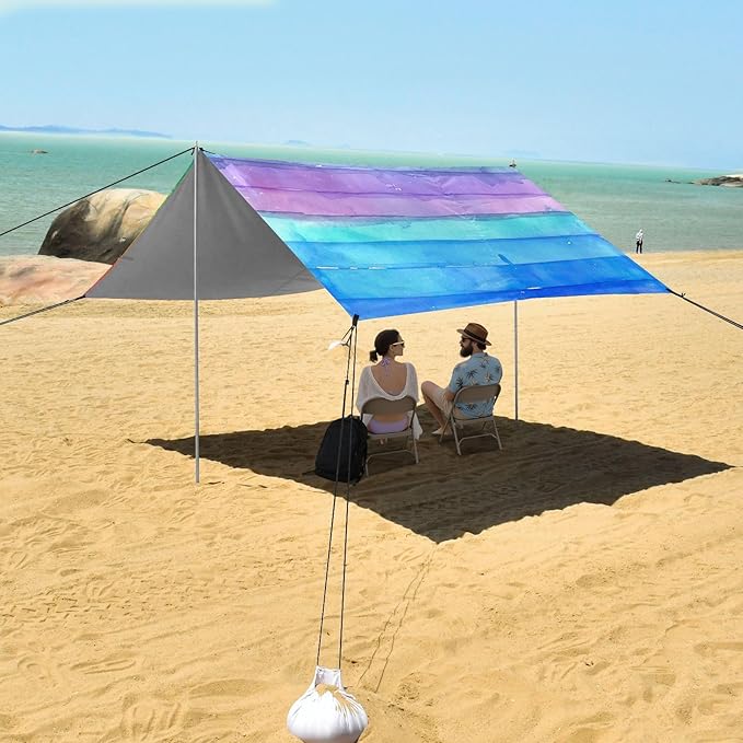 Rainbow Watercolor Stripes Beach Tent Sun Shelter 9.2' x 10.5' Beach Canopy with 4 Sandbags 4 Stability Poles Sand Shovels - Tent Canopy for Beach Camping Fishing Picnics
