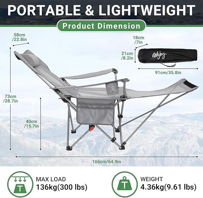 #WEJOY 2-in-1 Reclining Camping Chair Lightweight Folding Camping Chair with Adjustable Backrest &amp Footrest Camping Lounge Chair with Headrest Cup Holder Storage Bag for Beach Lawn Concert