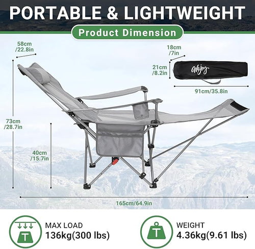 #WEJOY 2-in-1 Reclining Camping Chair Lightweight Folding Camping Chair with Adjustable Backrest &amp Footrest Camping Lounge Chair with Headrest Cup Holder Storage Bag for Beach Lawn Concert