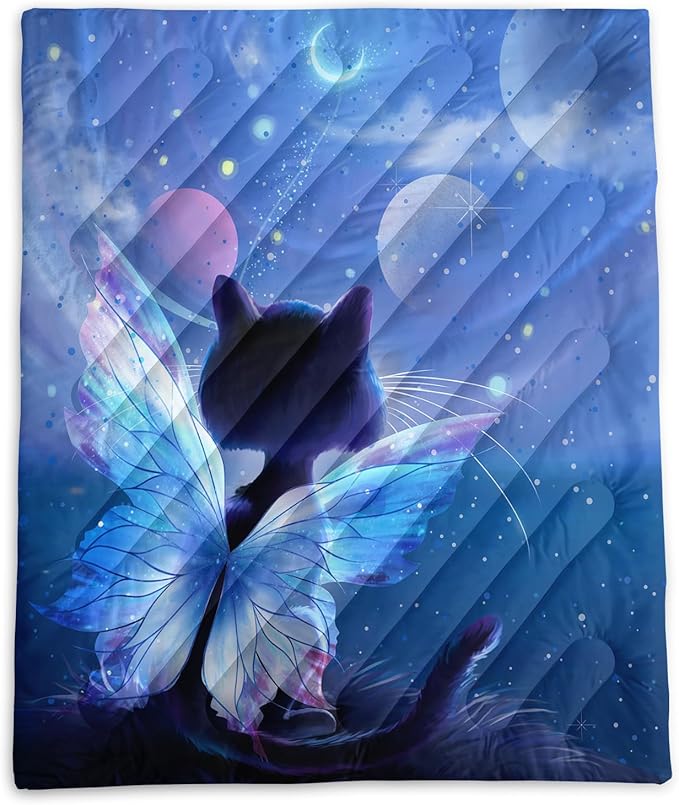 Axolotl Butterfly Cat Camping BlanketMoon Stars Packable Outdoor BlanketGlitter Planet Lightweight Waterproof Printed BlanketCat Lover Travel Blanket for CampingTravelStadiumHikingNavy Blue