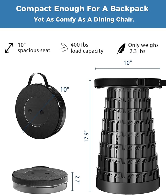 2PCS Upgraded Collapsible Stool with Removable Cushion &amp Waterproof Carry Bag - Portable Folding Stool for Adults Camping Fishing Hiking - Lightweight Yet Sturdy Max 400lbs