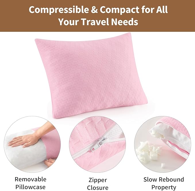 Small Shredded Memory Foam Pillow Camping Pillow Travel Pillow - Compressible Medium Firm Breathable Cover Ideal Backpacking Hiking Airplane and Car (Apricot Pink L)