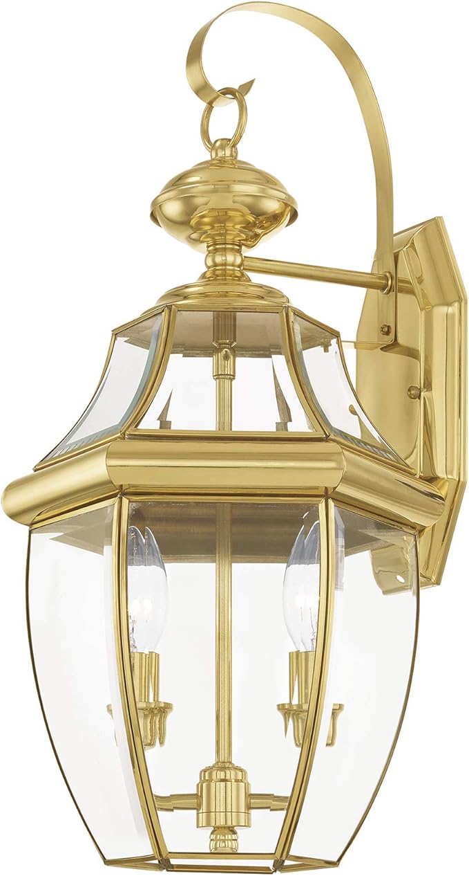 Livex Lighting 2251-02 Monterey 2 Light Outdoor Polished Brass Finish Solid Brass Wall Lantern with Clear Beveled Glass 20.25 x 10.5 x 10