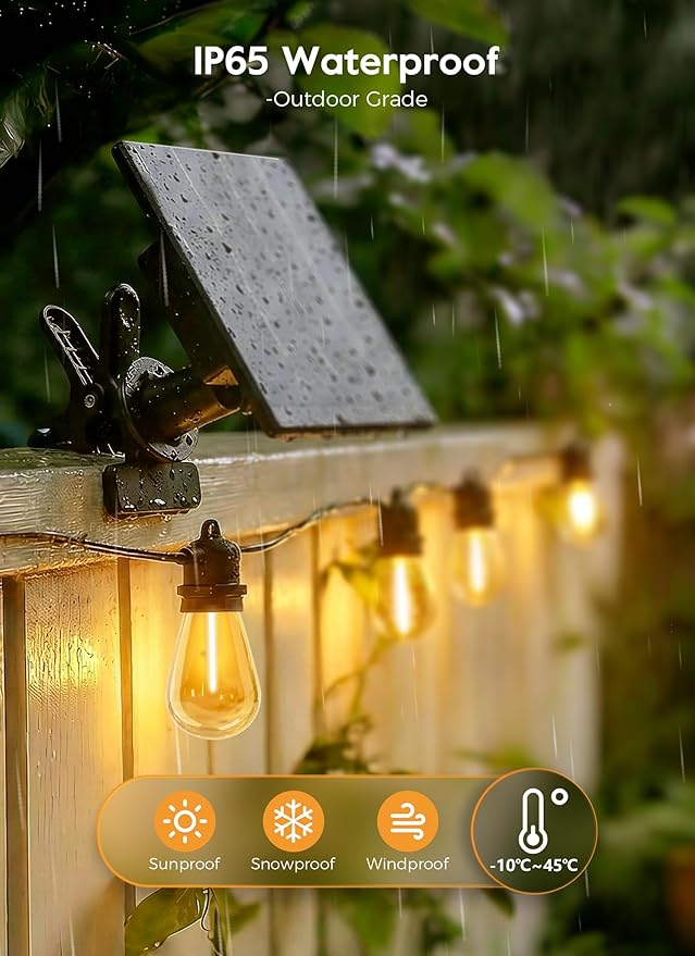 Minetom 79FT Solar String Lights Outdoor Waterproof 24 LED S14 Shatterproof Bulb Patio Lights with Remote Type-C Port Timable 3 Light Modes Dimmable Solar String Lights for Outside Yard Camping