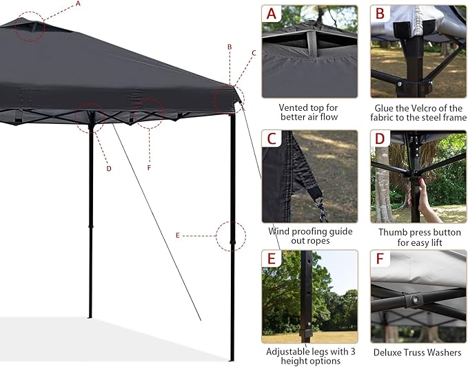 KAMPKEEPER 10x10 Pop Up Commercial Canopy Tent - Waterproof &amp Portable Outdoor Shade with Adjustable Legs Air Vent Carry Bag &amp Sandbags(Black)