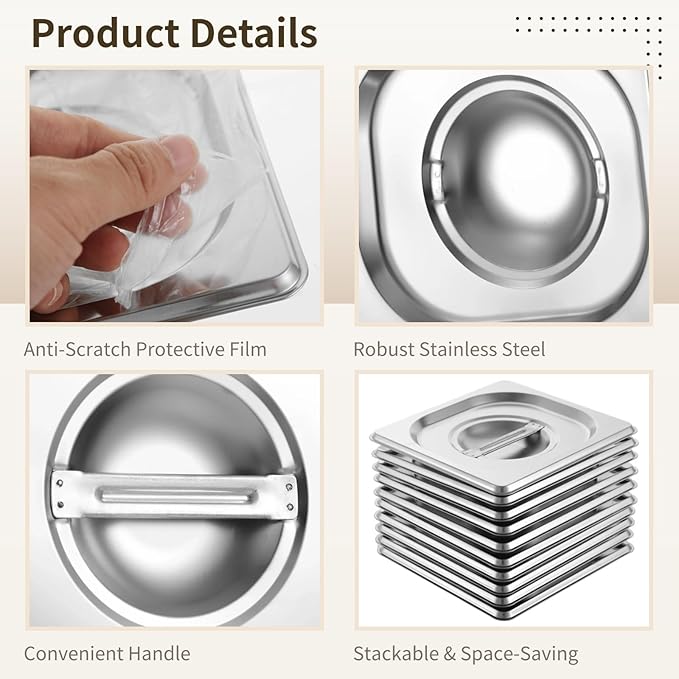 Generic Stainless Steel Steam Table Pan Dustproof Cover 10 Pcs 1/6 Steam Table Pan Lids Universal Pan Lid With Handle For Hotels Restaurants Parties Catering Services