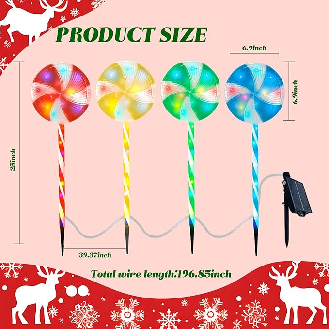 Candy Christmas Decorations Pathway Outdoor Solar Lights 29 inches 80 LED Lighted Lollipop Solar Christmas Lights with 8 Modes Waterproof String Lights Outdoor Lights for Yard Patio Walkway-4PCS