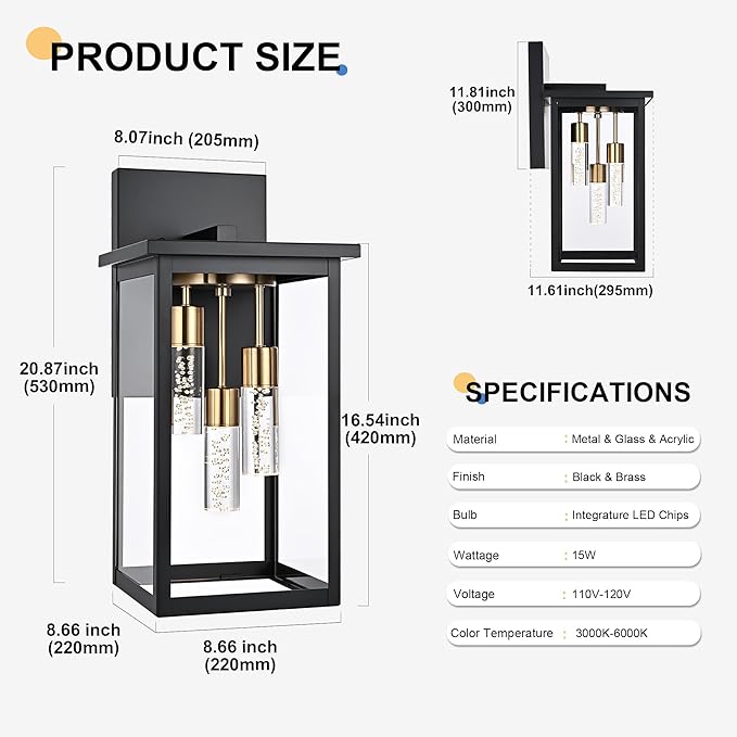 TODOLUZ 2-Packs Large 3-Lights LED Outdoor Wall Light Fixture Dimmable 5CCT Waterproof Exterior Porch Wall Sconce Lighting for Garage Front Door (3000K/3500K/4500K/5000K/6000K)